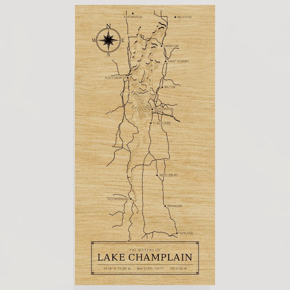 Lake Champlain 3D wood map, front view