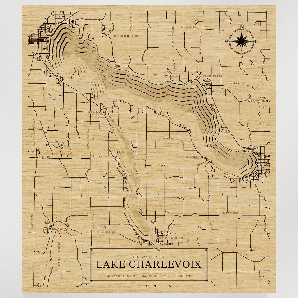 Lake Charlevoix 3D wood map, front view