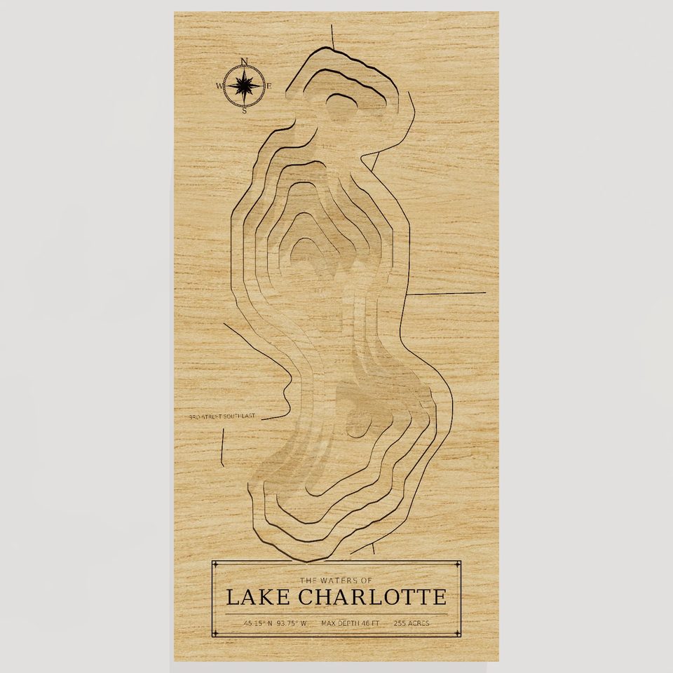 Lake Charlotte 3D wood map, front view