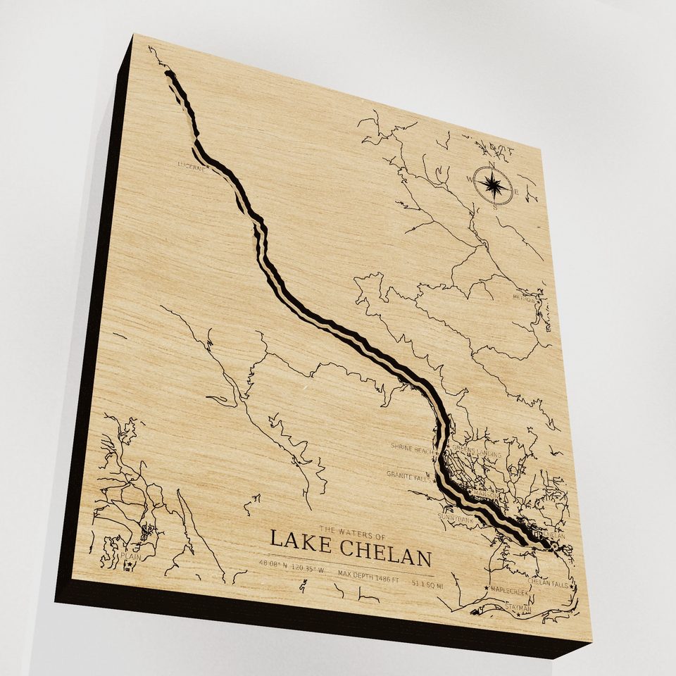Lake Chelan 3D wood map, angle low view