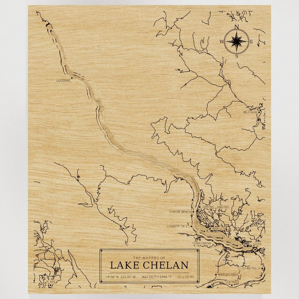 Lake Chelan 3D wood map, front view