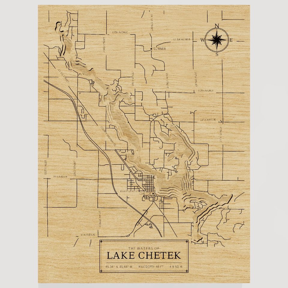 Lake Chetek 3D wood map, front view
