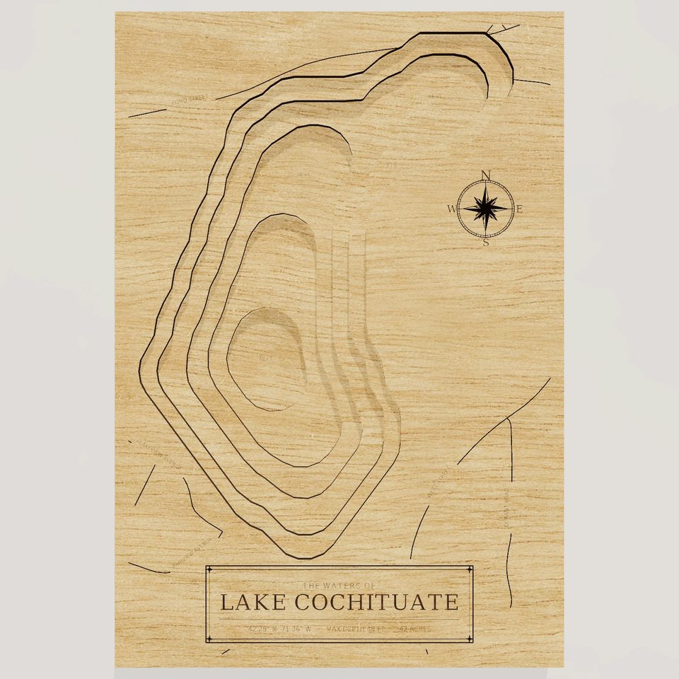 Lake Cochituate 3D wood map, front view