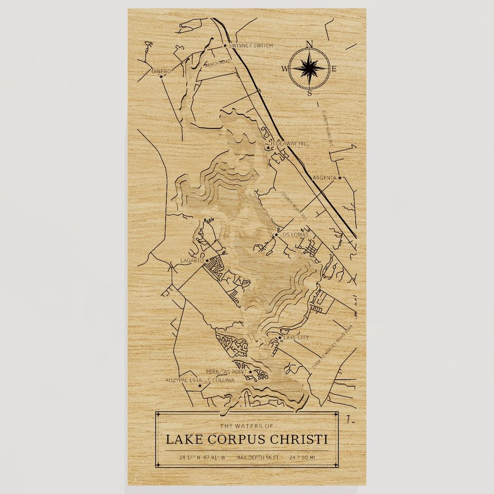 Lake Corpus Christi 3D wood map, front view