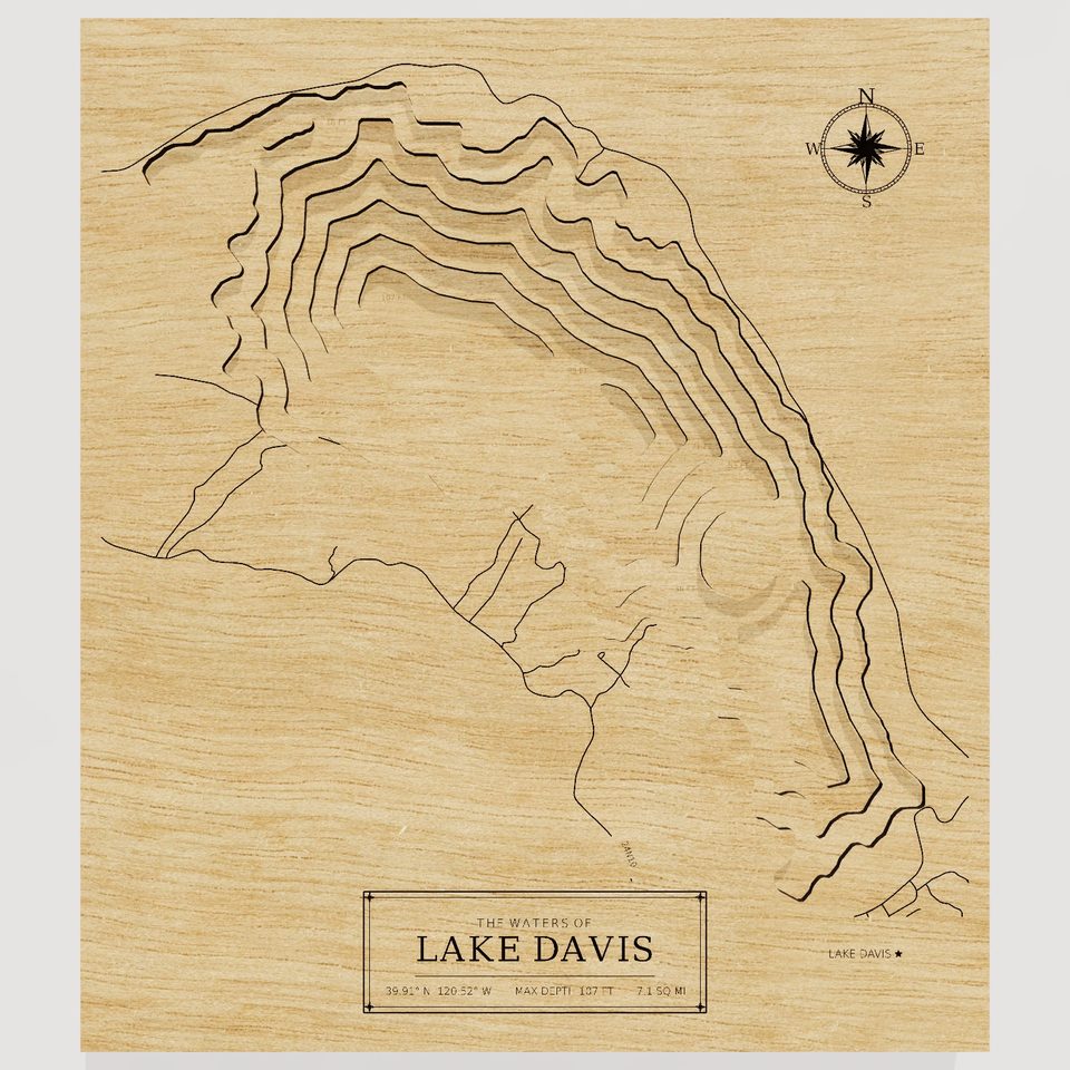Lake Davis 3D wood map, front view