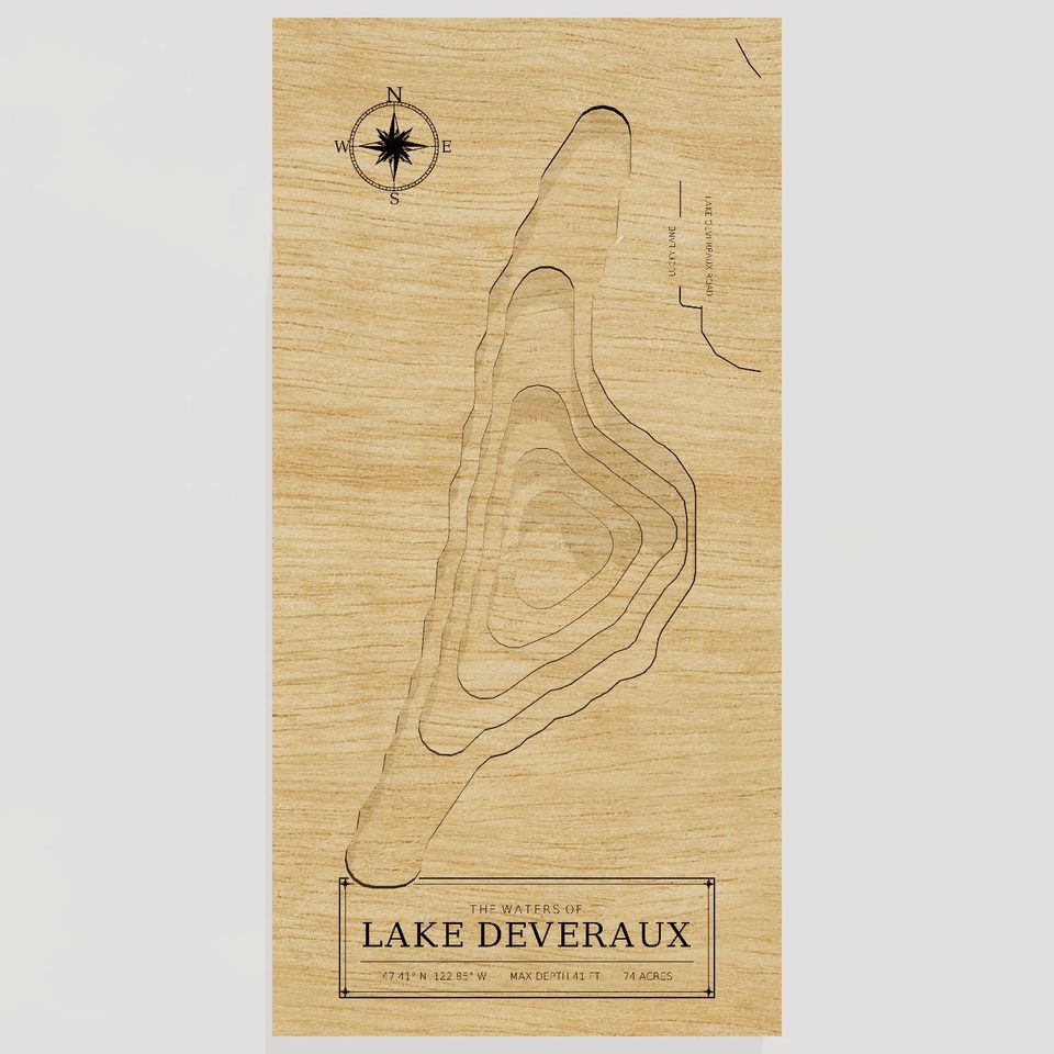 Lake Deveraux 3D wood map, front view