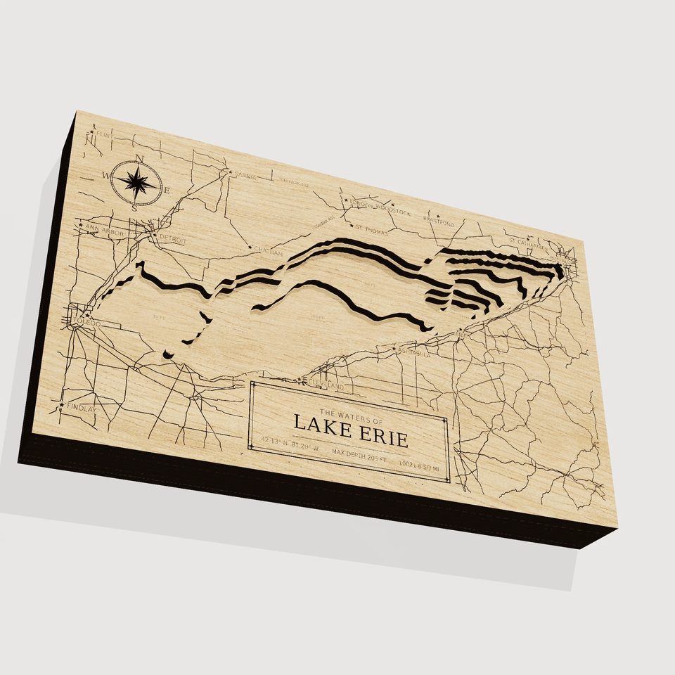 Lake Erie 3D wood map, angle low view