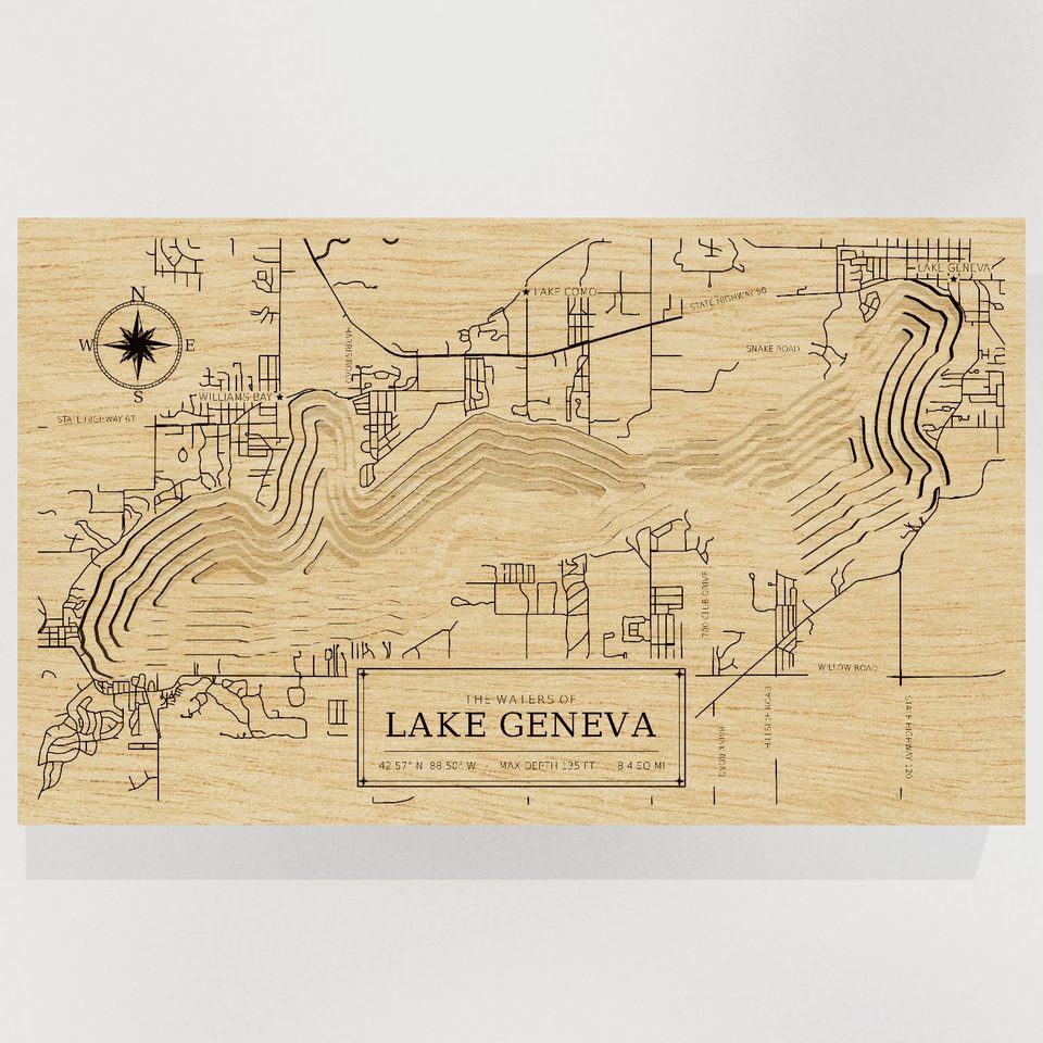 Lake Geneva 3D wood map, front view