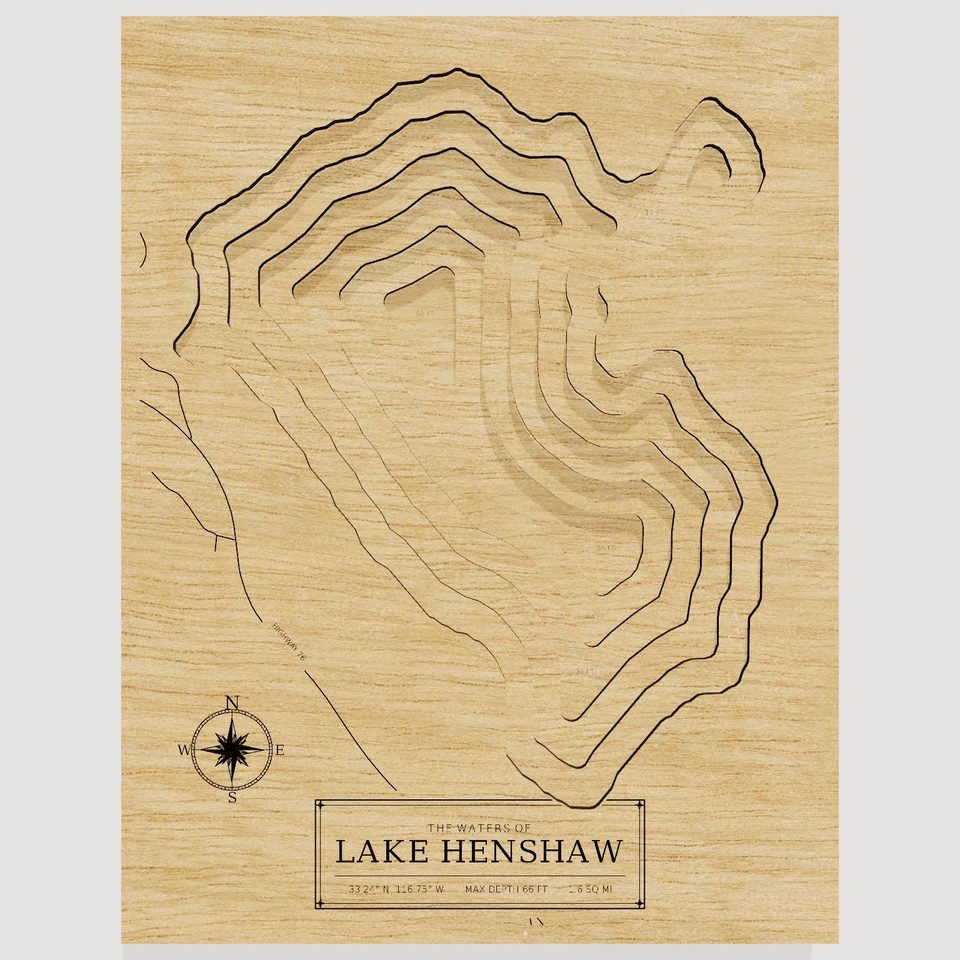 Lake Henshaw 3D wood map, front view