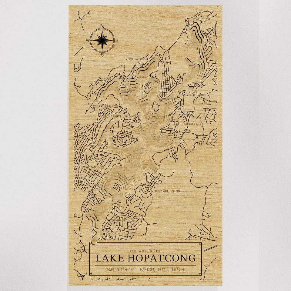 Lake Hopatcong 3D wood map, front view