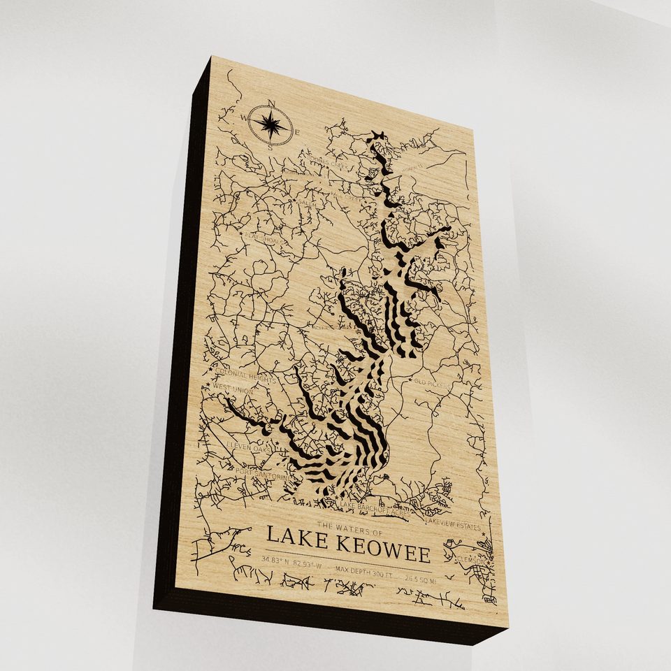 Lake Keowee 3D wood map, angle low view