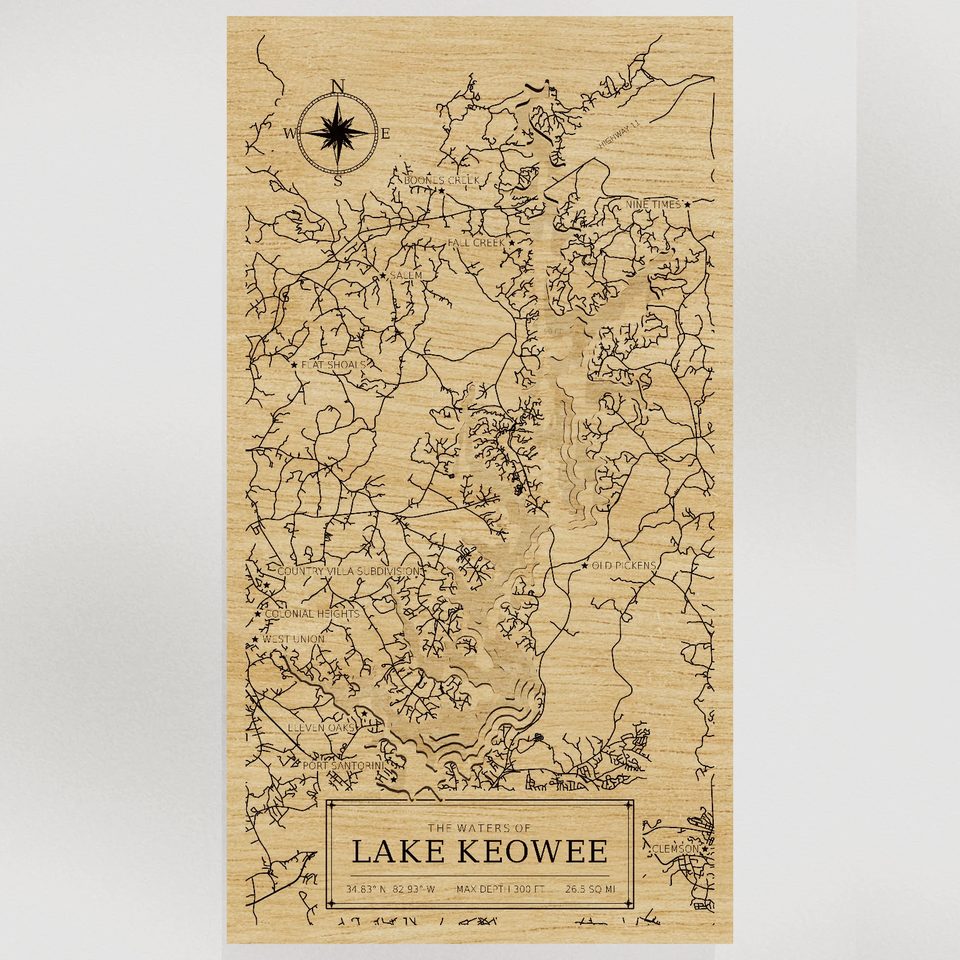 Lake Keowee 3D wood map, front view