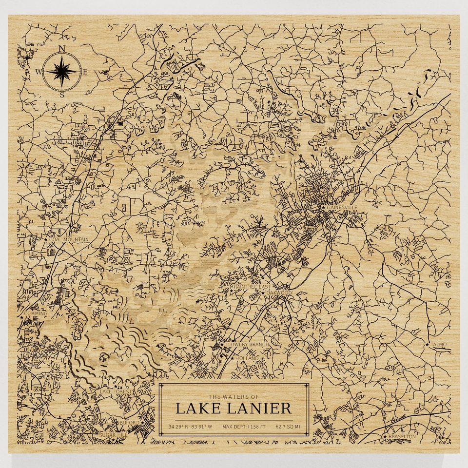 Lake Lanier 3D wood map, front view