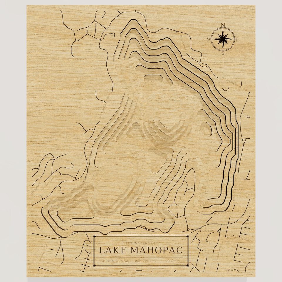 Lake Mahopac 3D wood map, front view