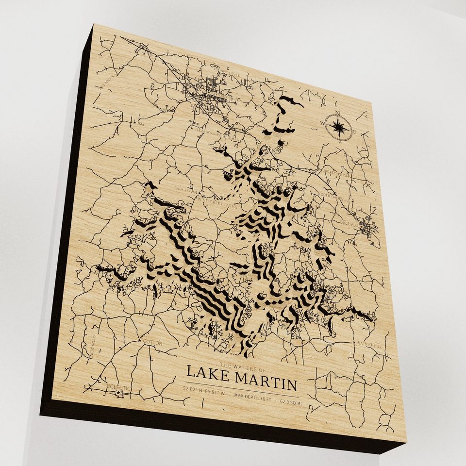 Lake Martin 3D wood map, angle low view