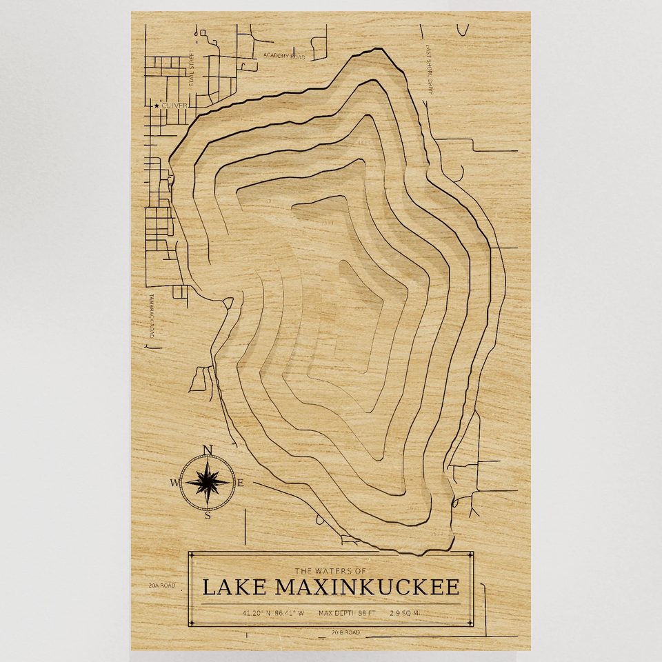 Lake Maxinkuckee 3D wood map, front view