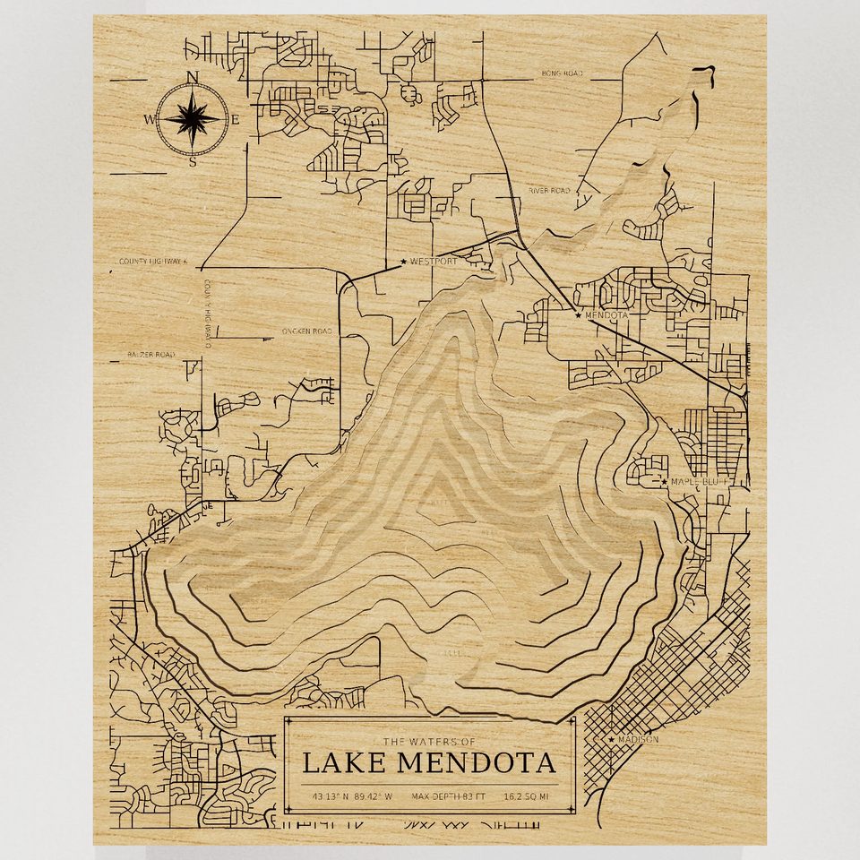 Lake Mendota 3D wood map, front view