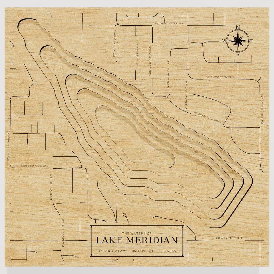 Lake Meridian 3D wood map, front view