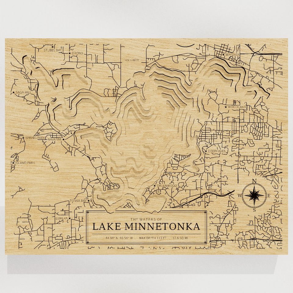 Lake Minnetonka 3D wood map, front view