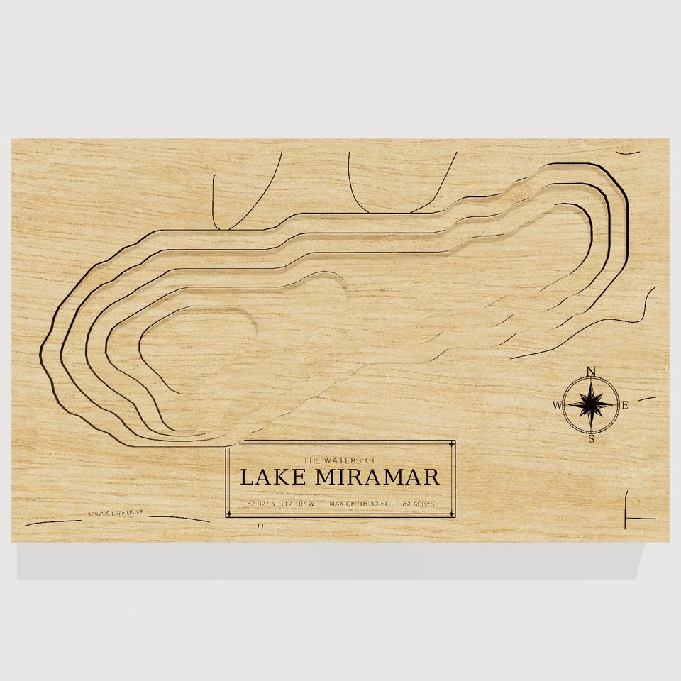 Lake Miramar 3D wood map, front view