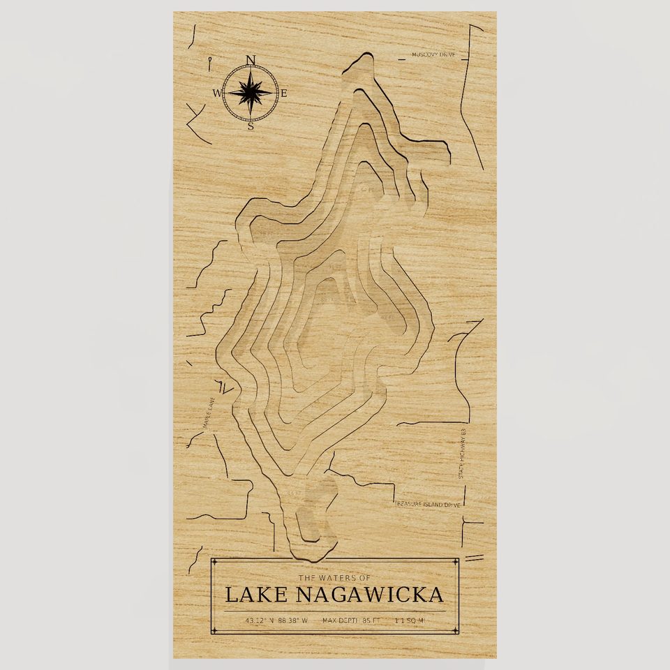 Lake Nagawicka 3D wood map, front view