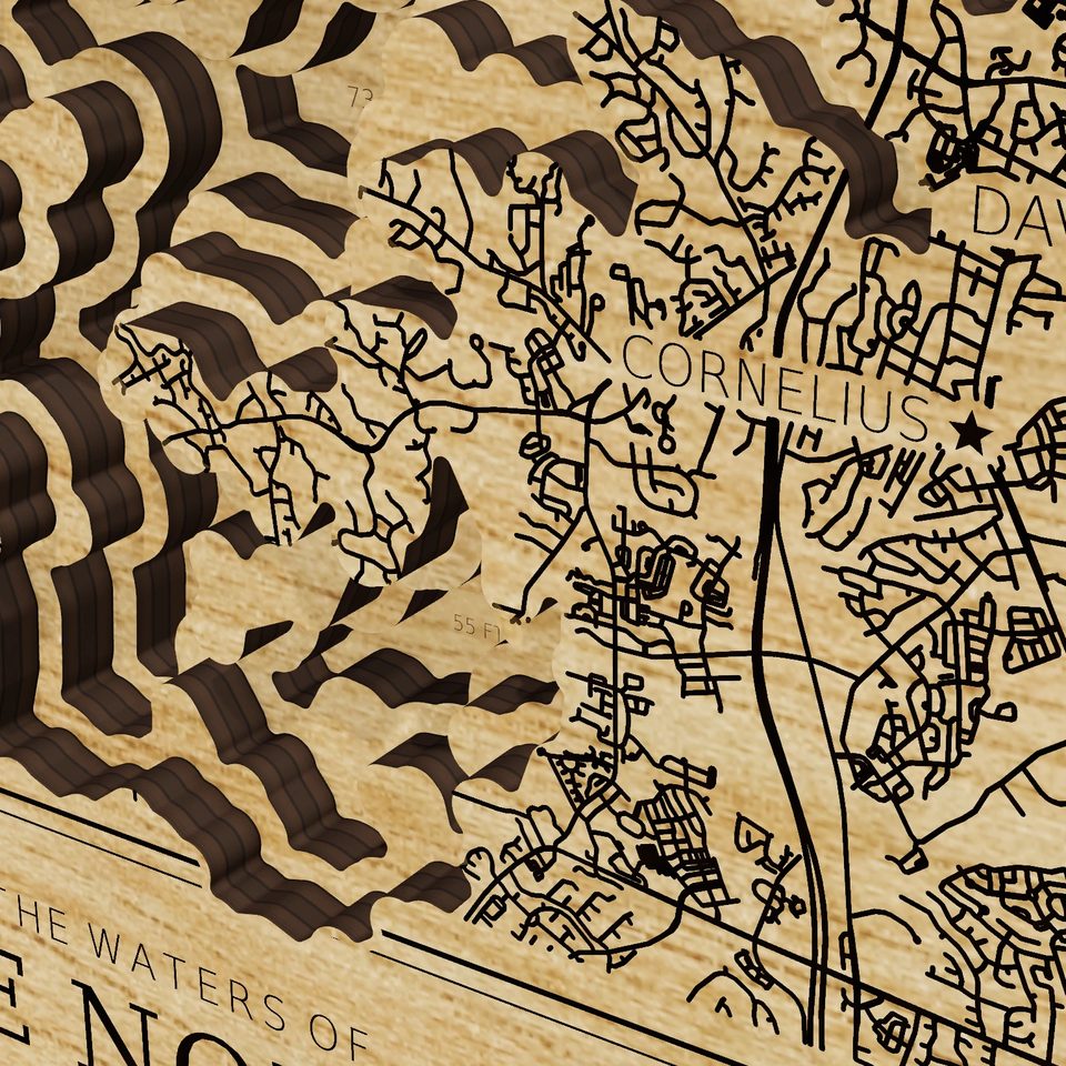 Lake Norman 3D wood map, detail view