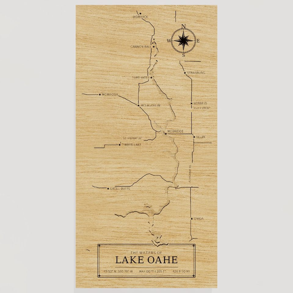 Lake Oahe 3D wood map, front view