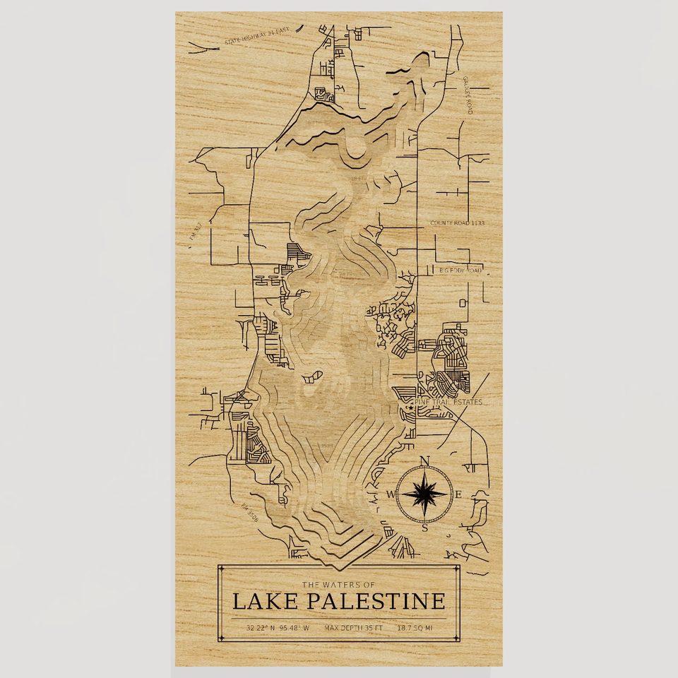 Lake Palestine 3D wood map, front view