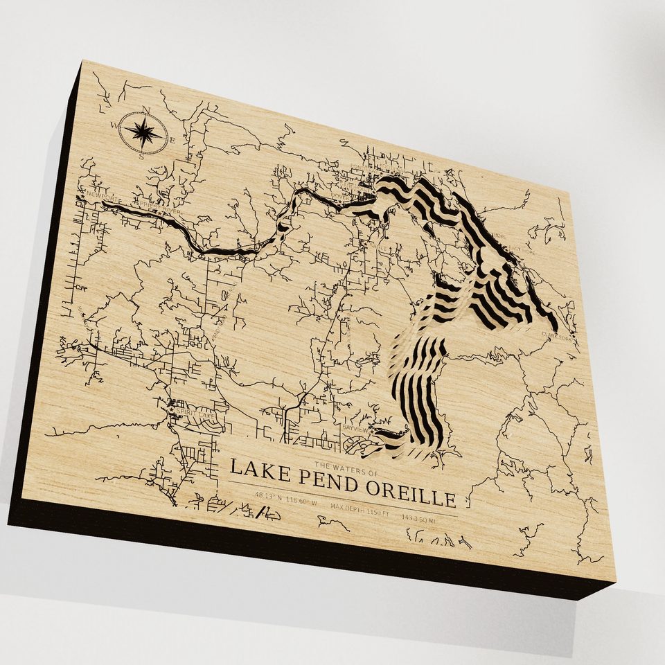 Lake Pend Oreille 3D wood map, angle low view