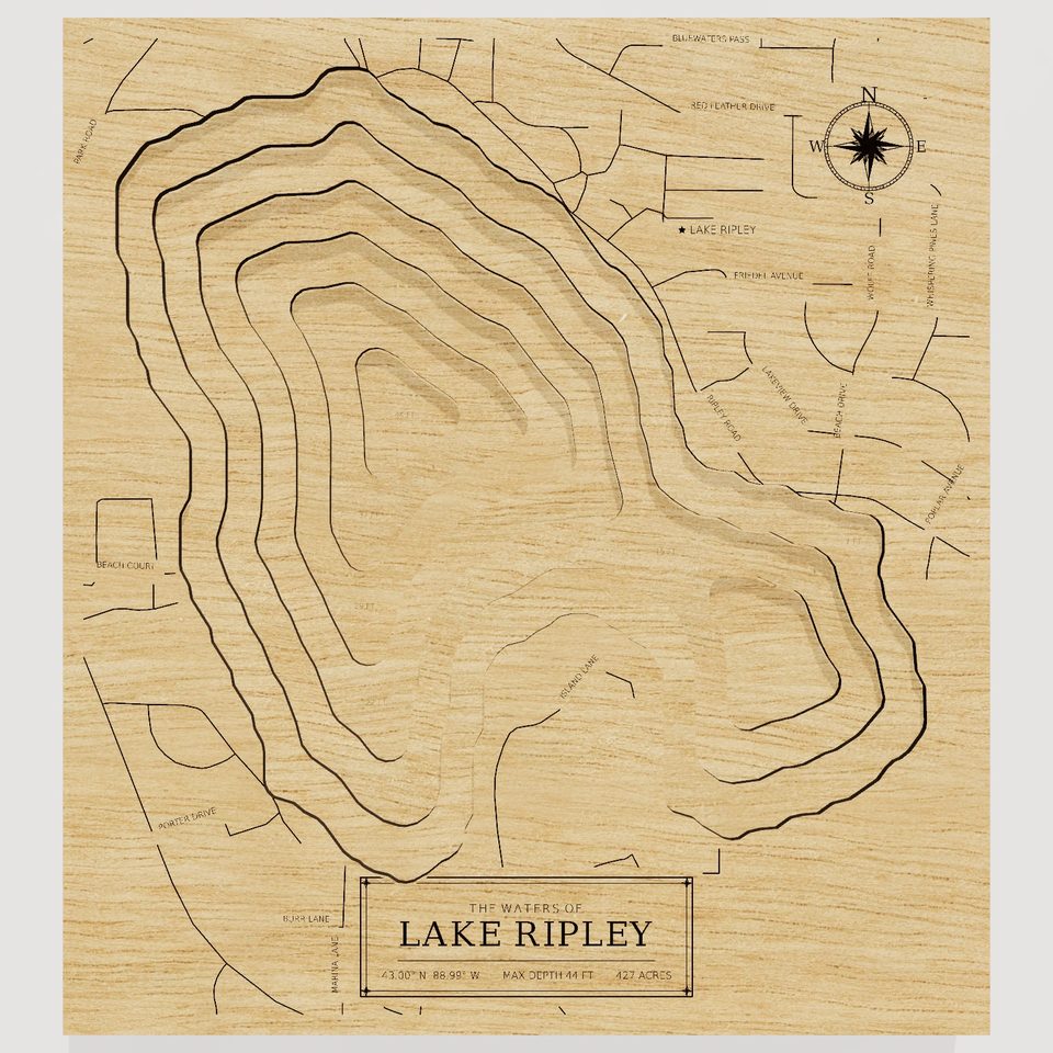 Lake Ripley 3D wood map, front view