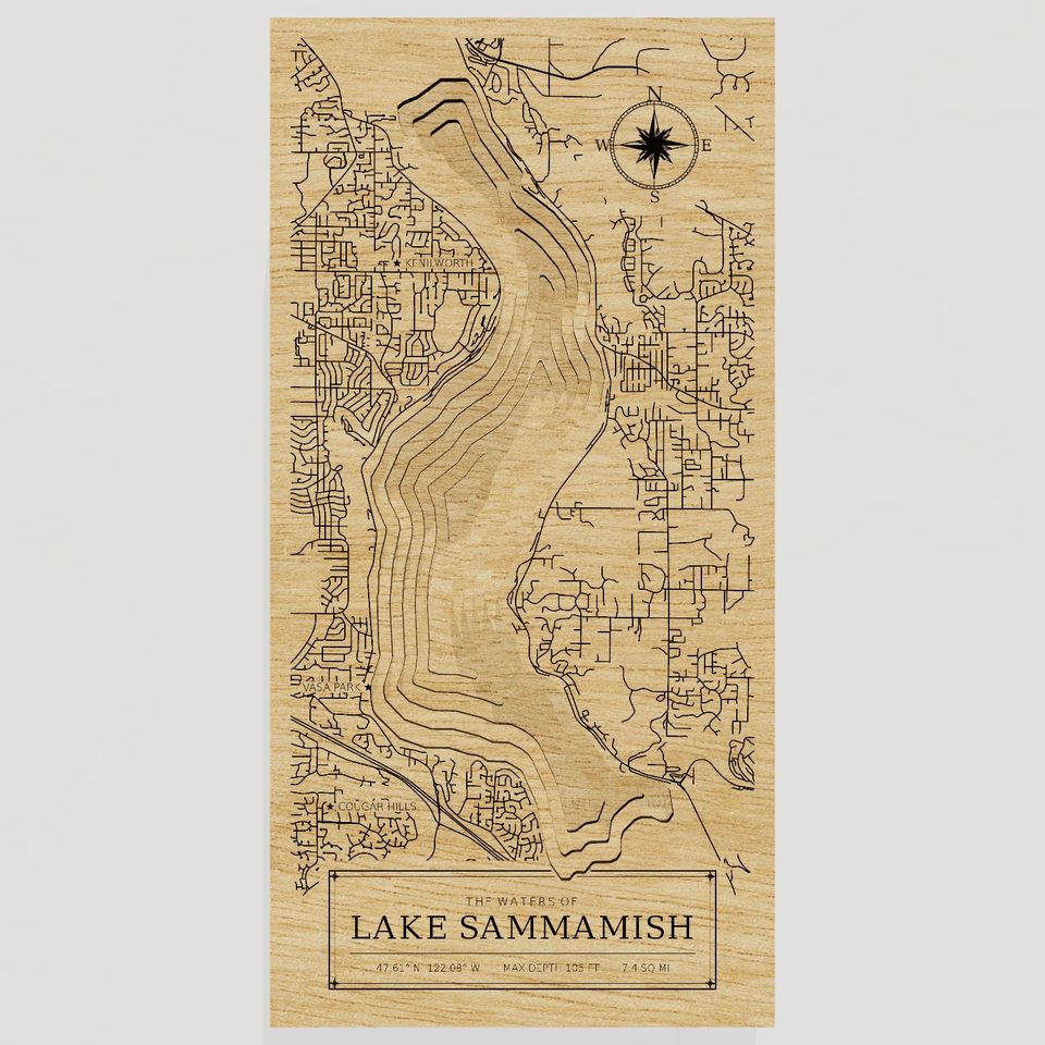 Lake Sammamish 3D wood map, front view