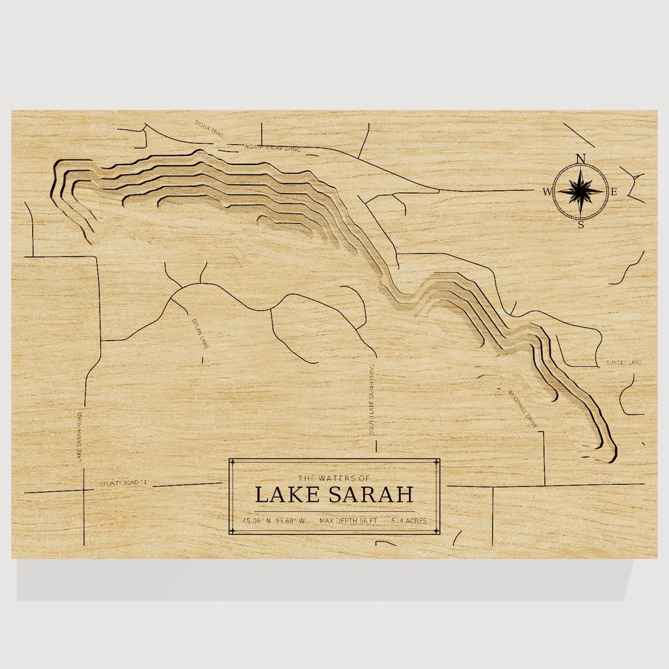 Lake Sarah 3D wood map, front view