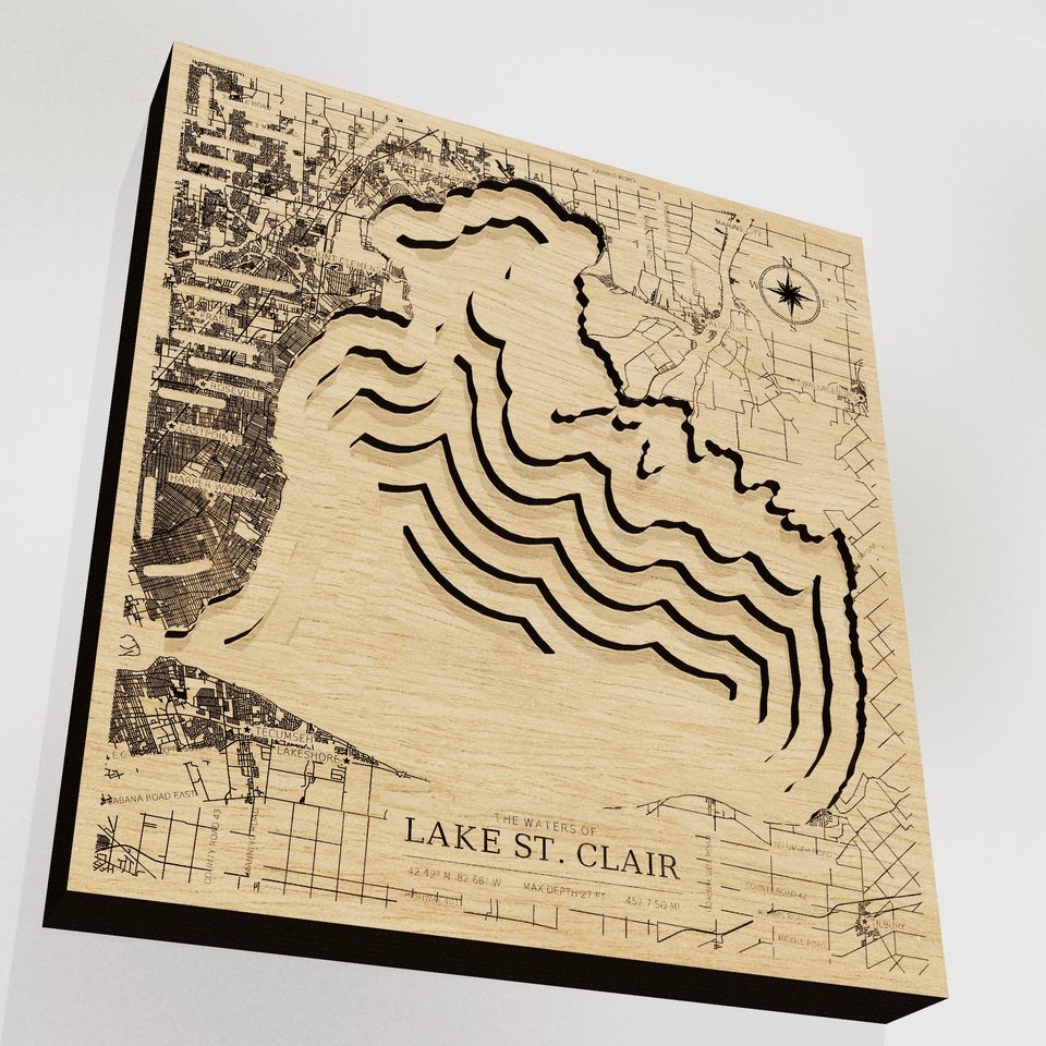 Lake St. Clair 3D wood map, angle low view