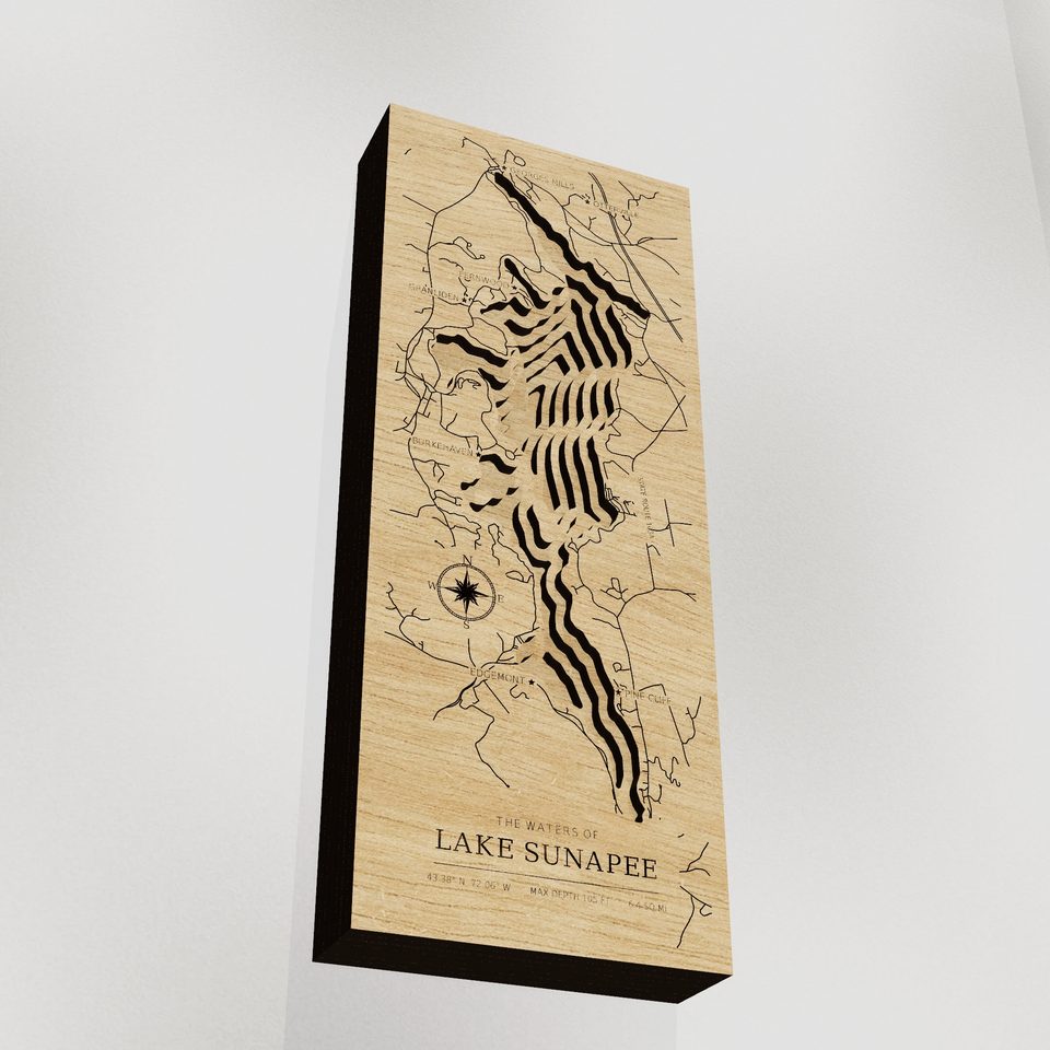 Lake Sunapee 3D wood map, angle low view