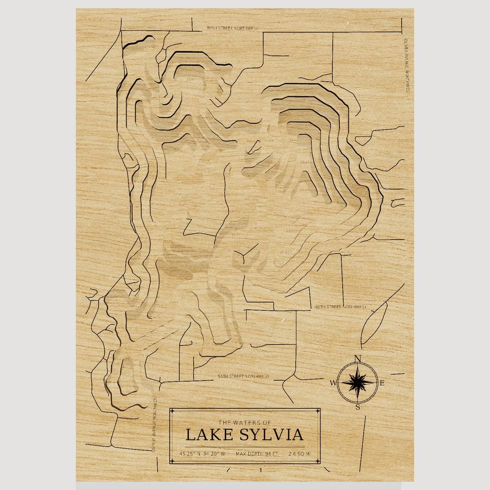 Lake Sylvia 3D wood map, front view