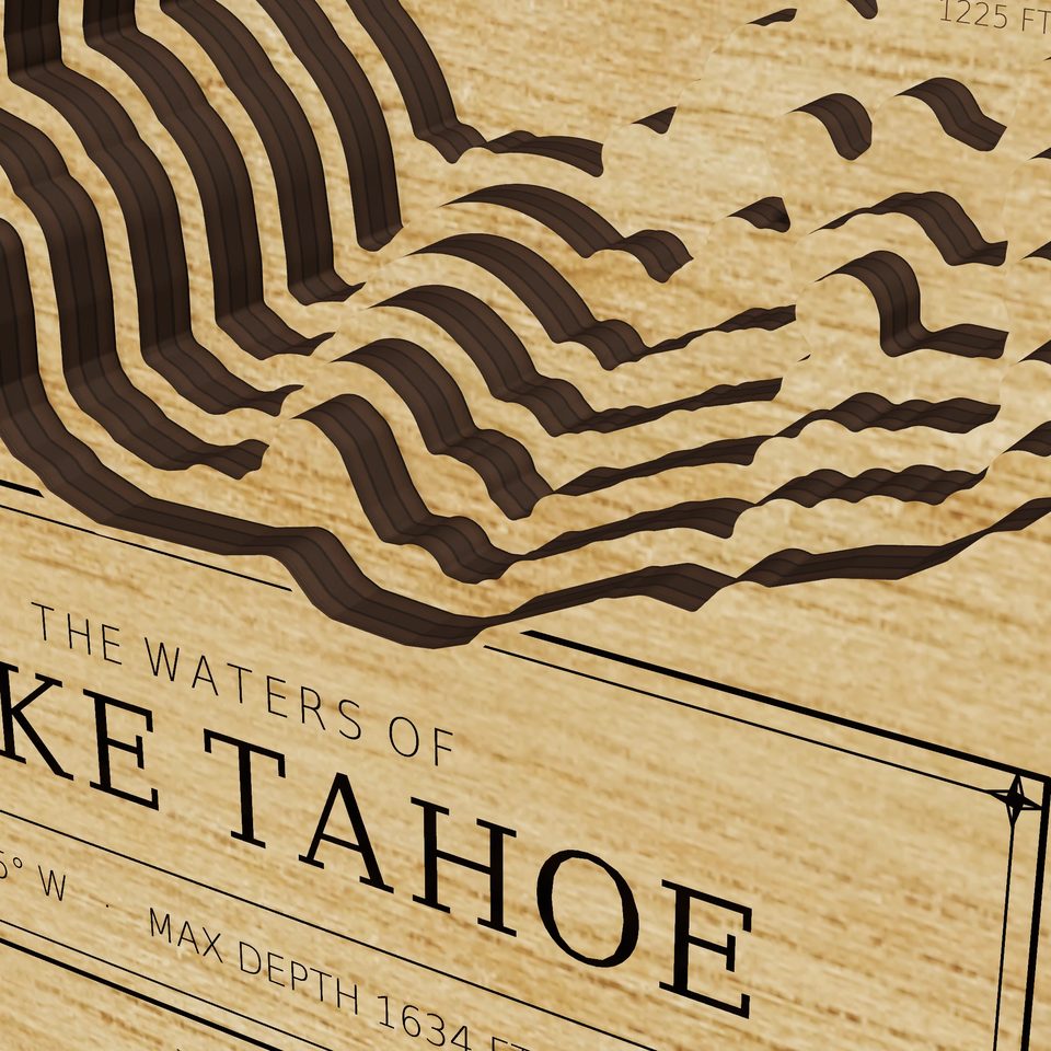 Lake Tahoe 3D wood map, detail view