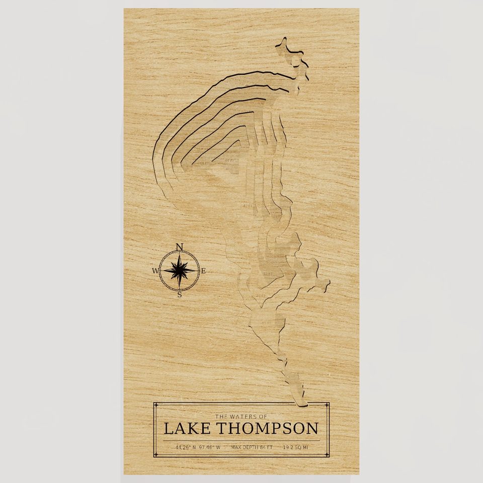 Lake Thompson 3D wood map, front view