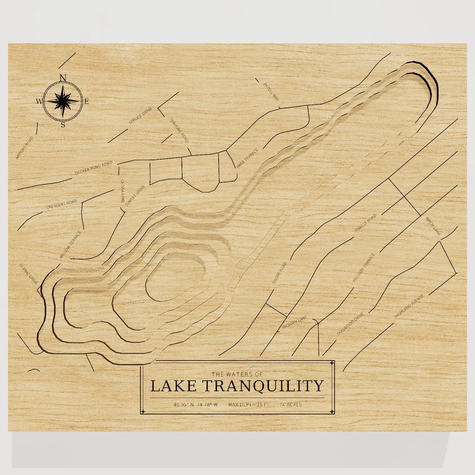 Lake Tranquility 3D wood map, front view