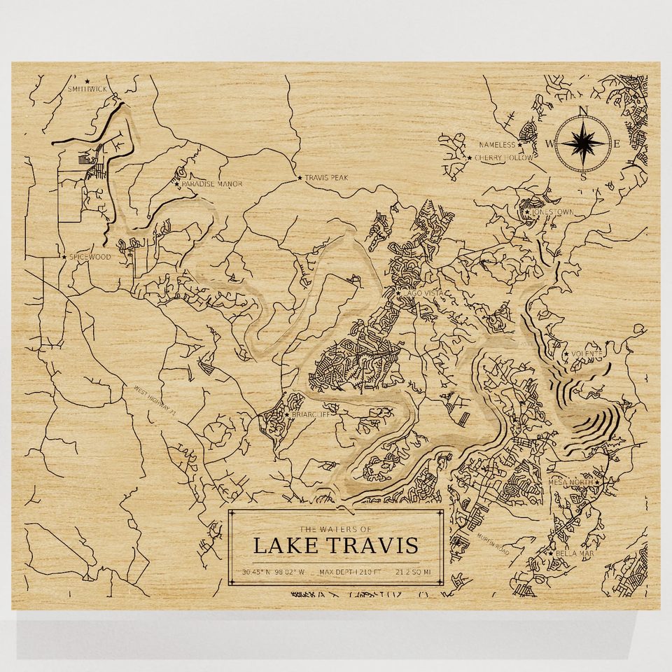 Lake Travis 3D wood map, front view