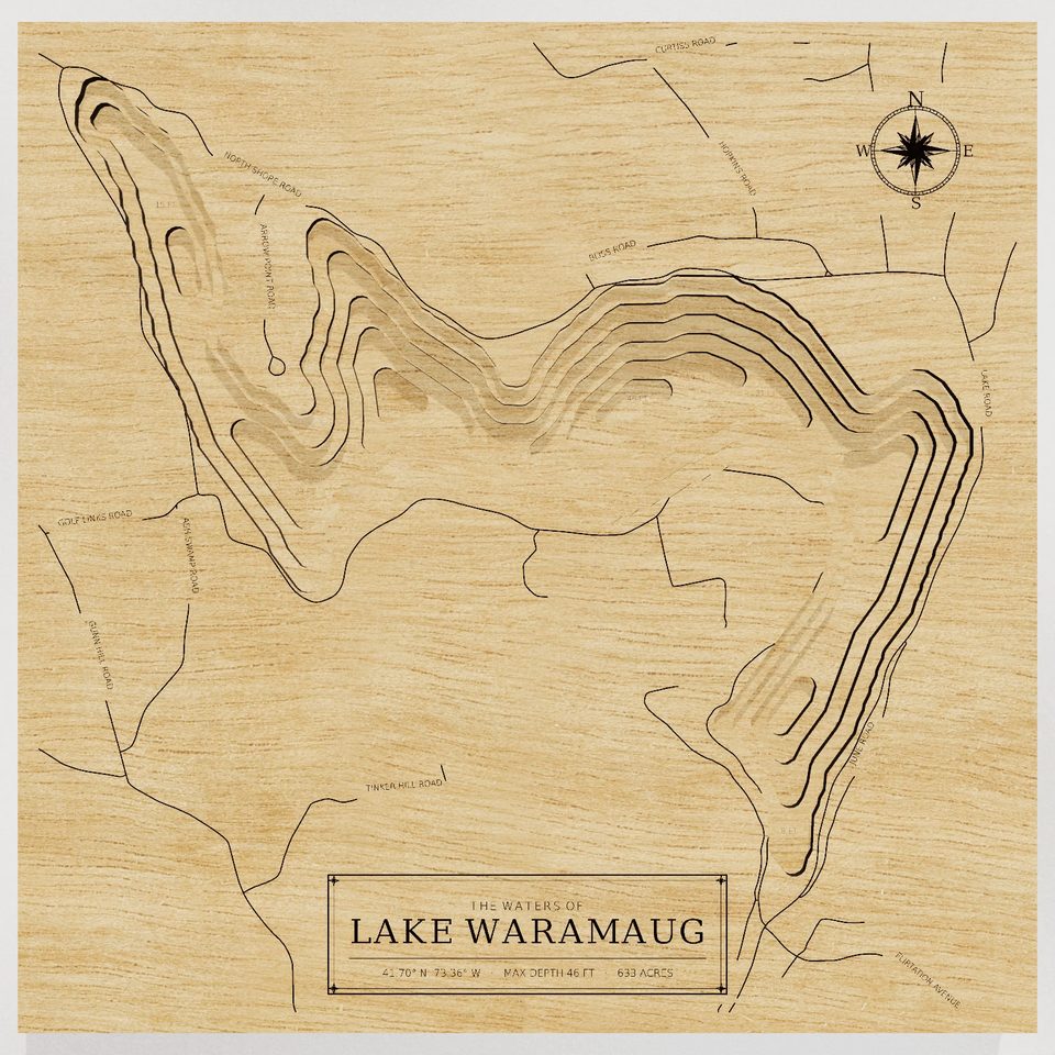 Lake Waramaug 3D wood map, front view