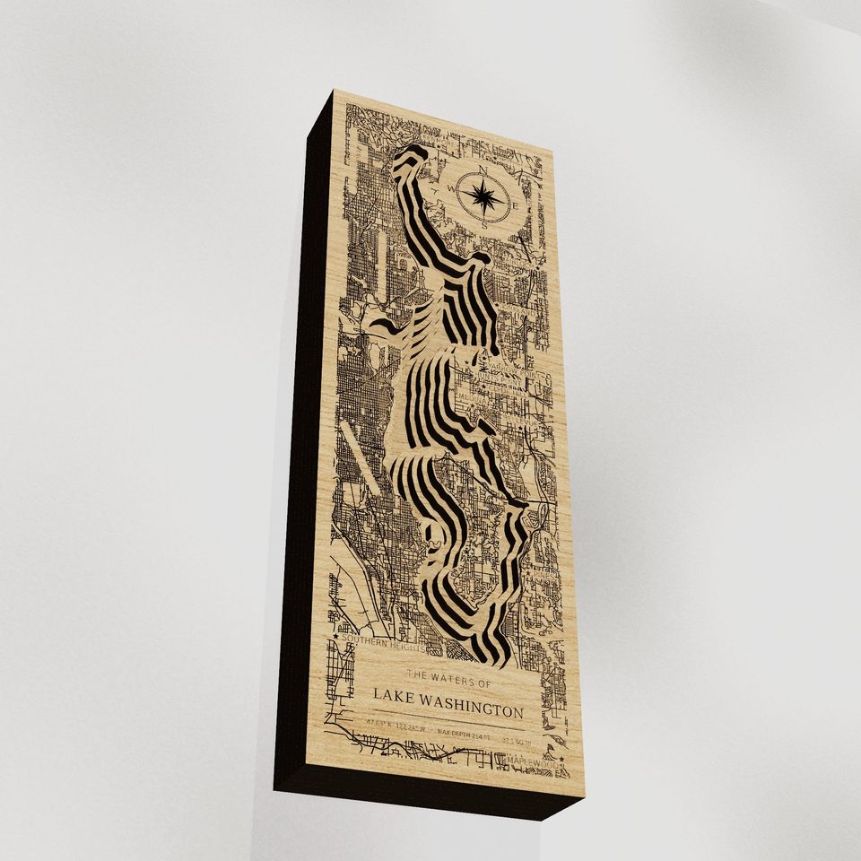 Lake Washington 3D wood map, angle low view