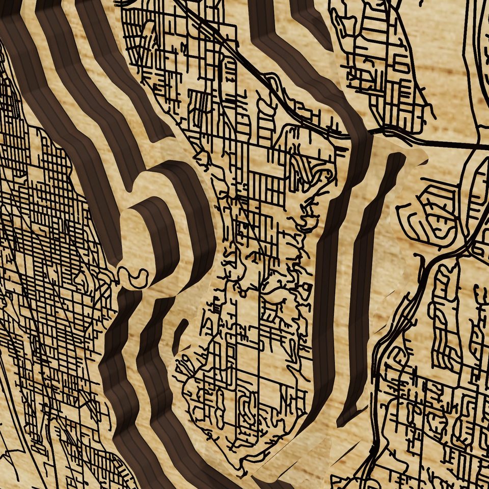 Lake Washington 3D wood map, detail view