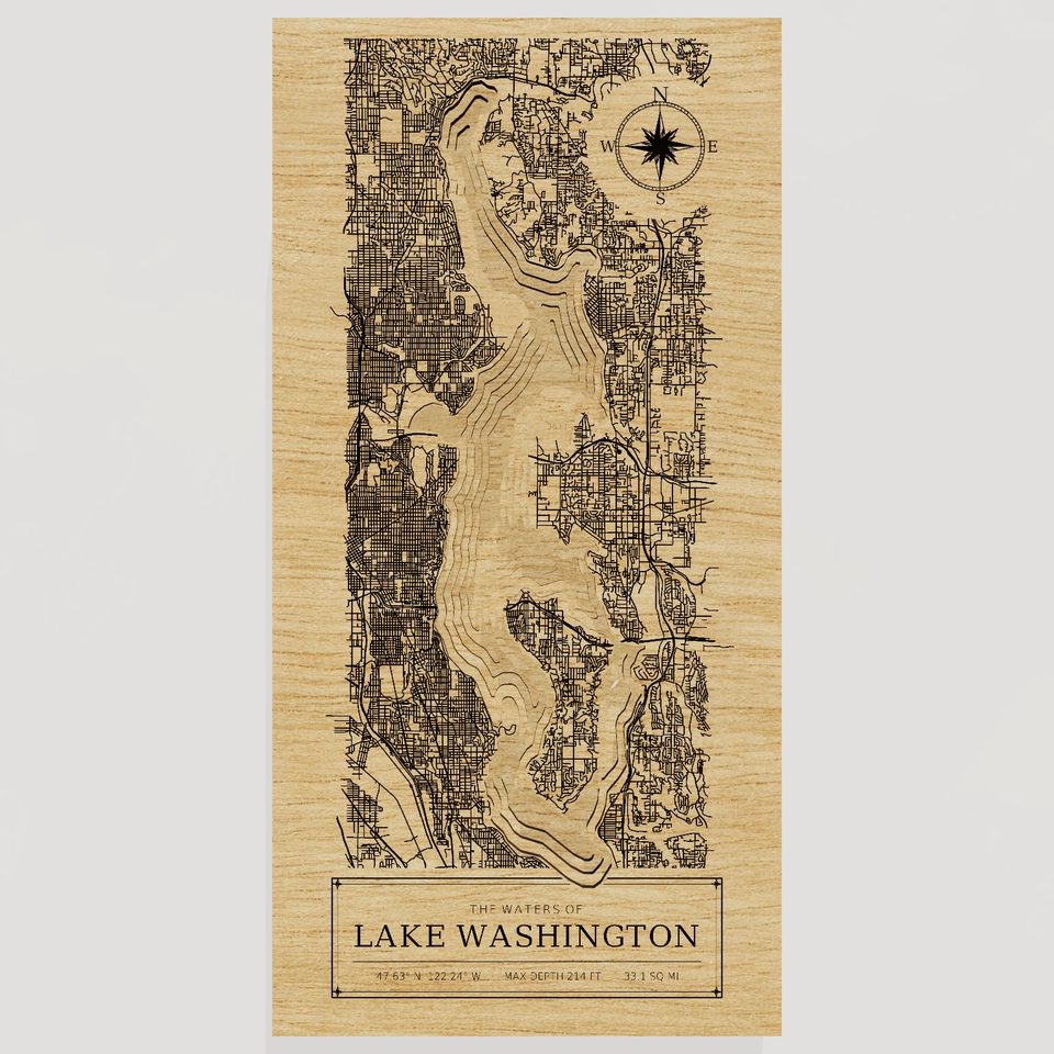 Lake Washington 3D wood map, front view