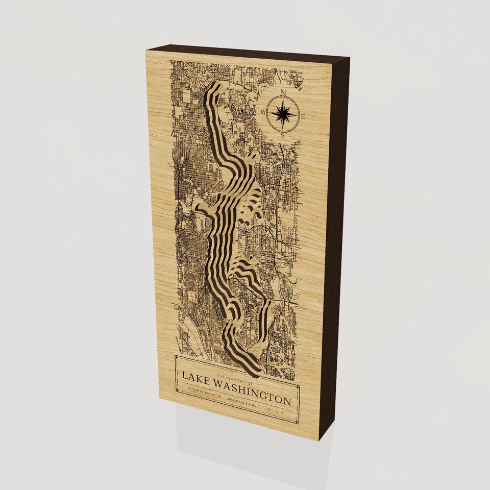 Lake Washington 3D wood map, hero view
