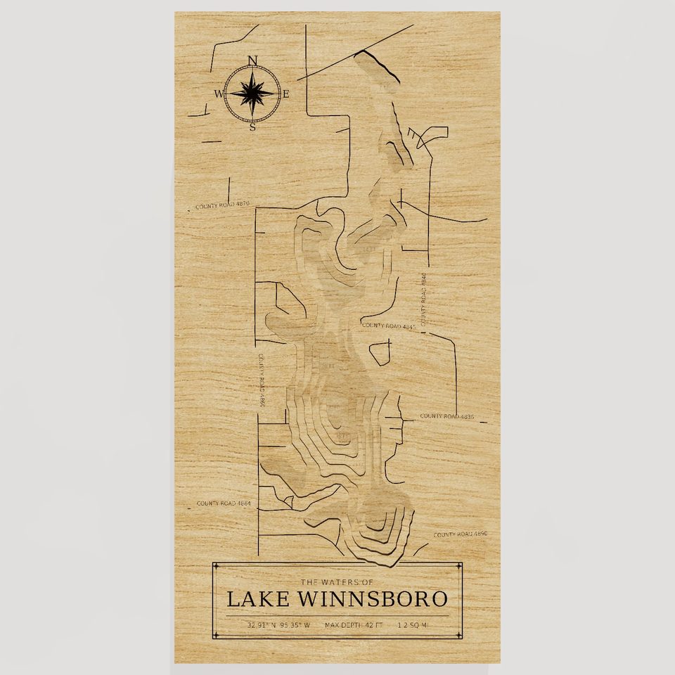 Lake Winnsboro 3D wood map, front view