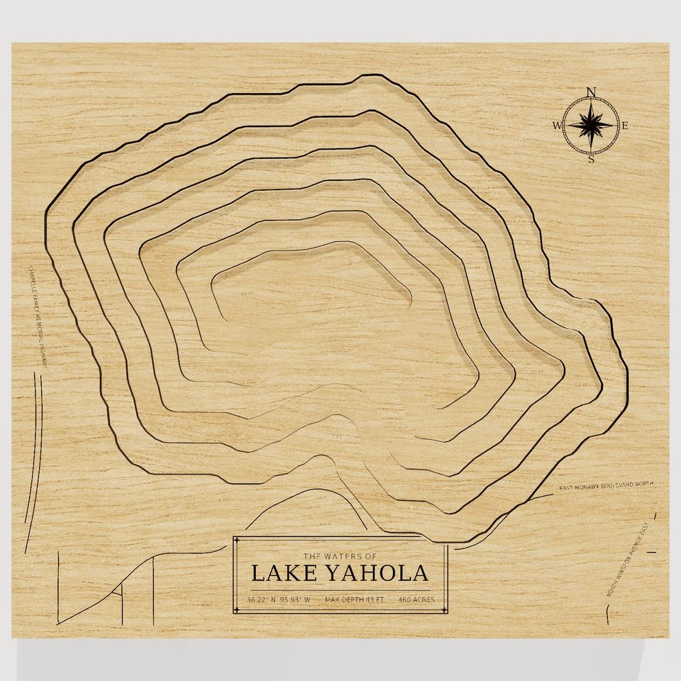 Lake Yahola 3D wood map, front view