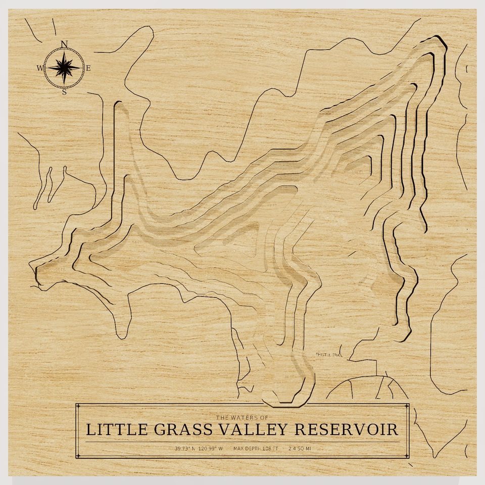 Little Grass Valley Reservoir 3D wood map, front view