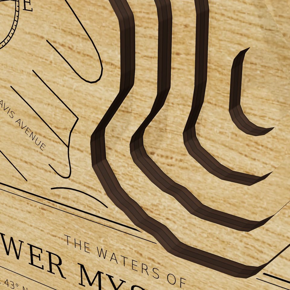 Lower Mystic Lake 3D wood map, detail view