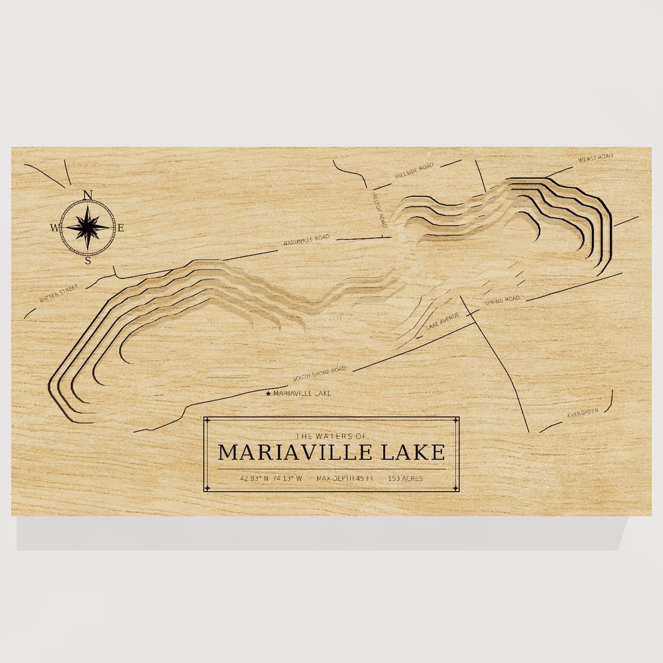 Mariaville Lake 3D wood map, front view