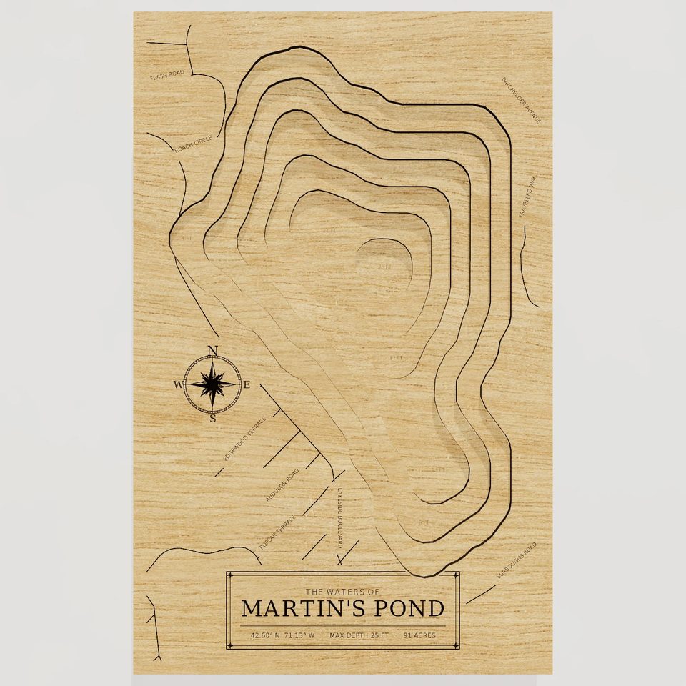 Martin's Pond 3D wood map, front view